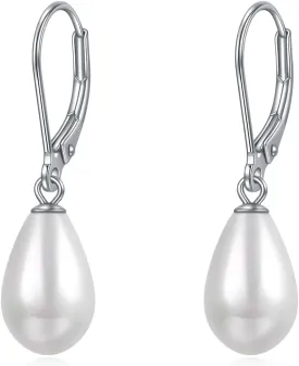 Rnivida 925 Sterling Silver Pearl Drop Leverback Dangle Earrings,Single White Pearl Jewelry Gift for Female Friends Women