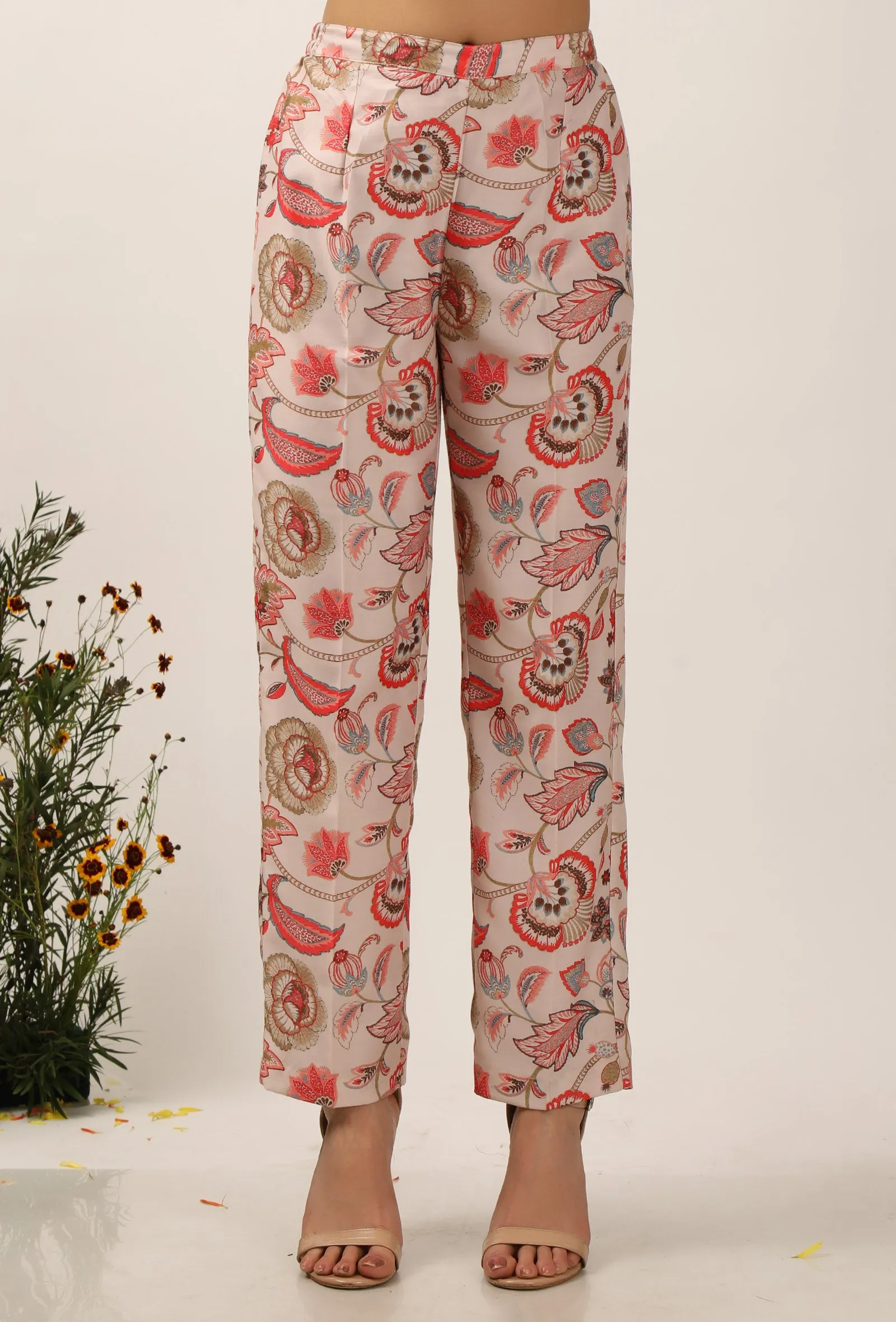 Set Of 2: Ambi Floral Chintz Straight Kurta With Narrow Fit Pants