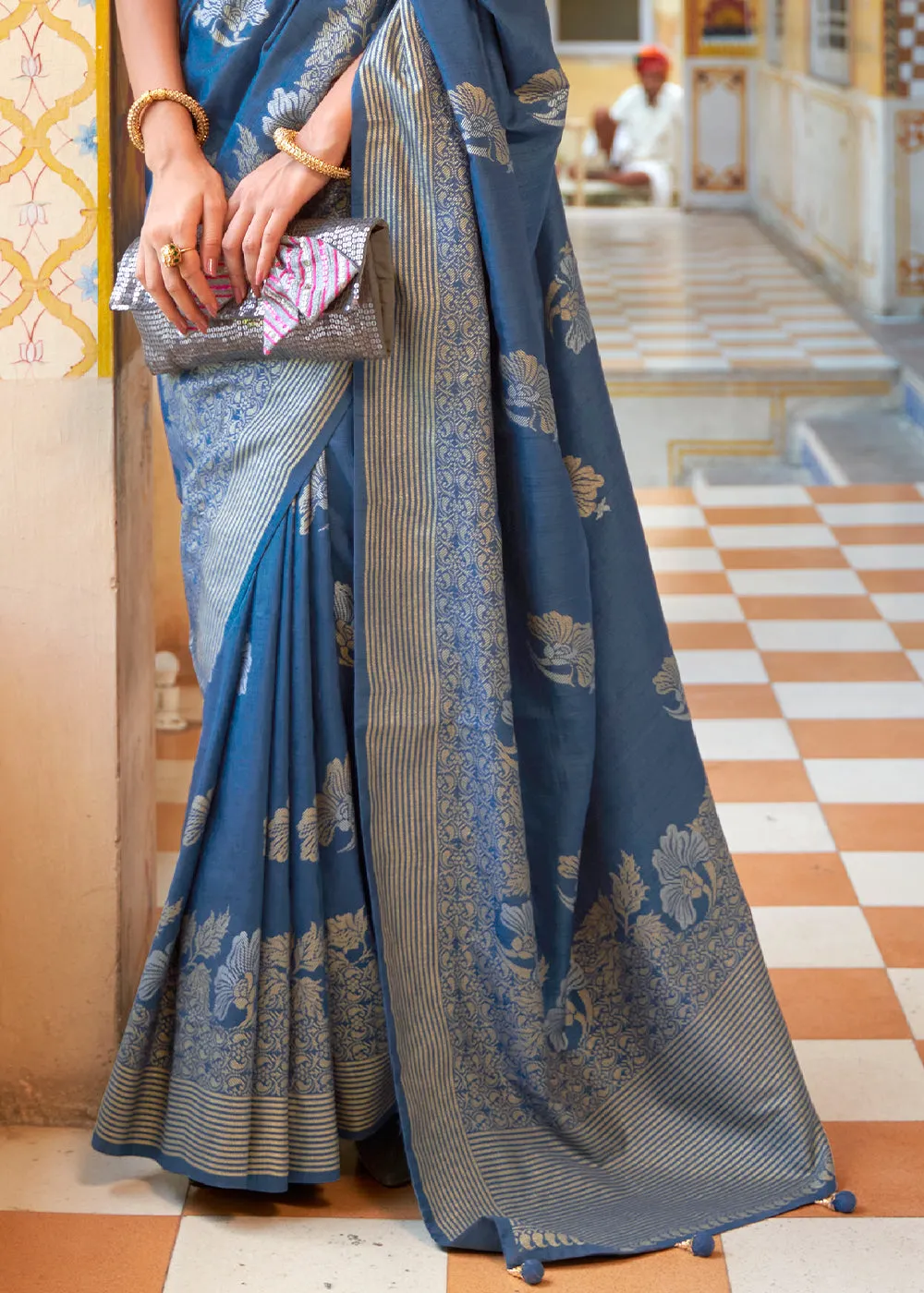 Slate Blue Zari Woven Banarasi Silk Saree