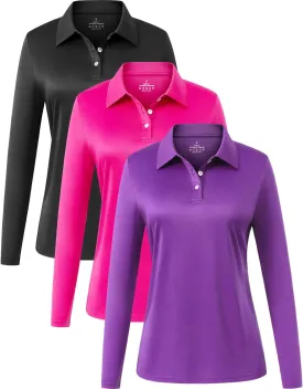 Star Vibe Long Sleeve Polo Shirts for Women Moisture Wicking Golf Shirt Quick Dry UPF 50  Sun Tennis Athletic Tops 3 Pack