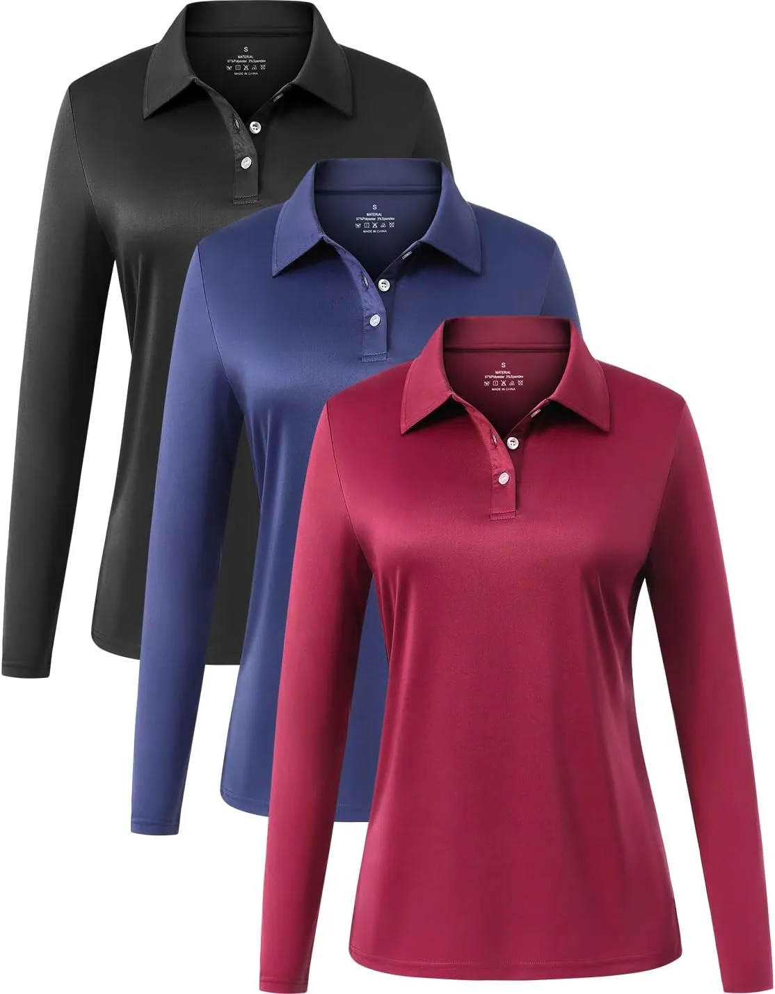 Star Vibe Long Sleeve Polo Shirts for Women Moisture Wicking Golf Shirt Quick Dry UPF 50  Sun Tennis Athletic Tops 3 Pack