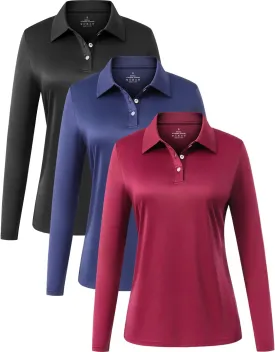 Star Vibe Long Sleeve Polo Shirts for Women Moisture Wicking Golf Shirt Quick Dry UPF 50  Sun Tennis Athletic Tops 3 Pack