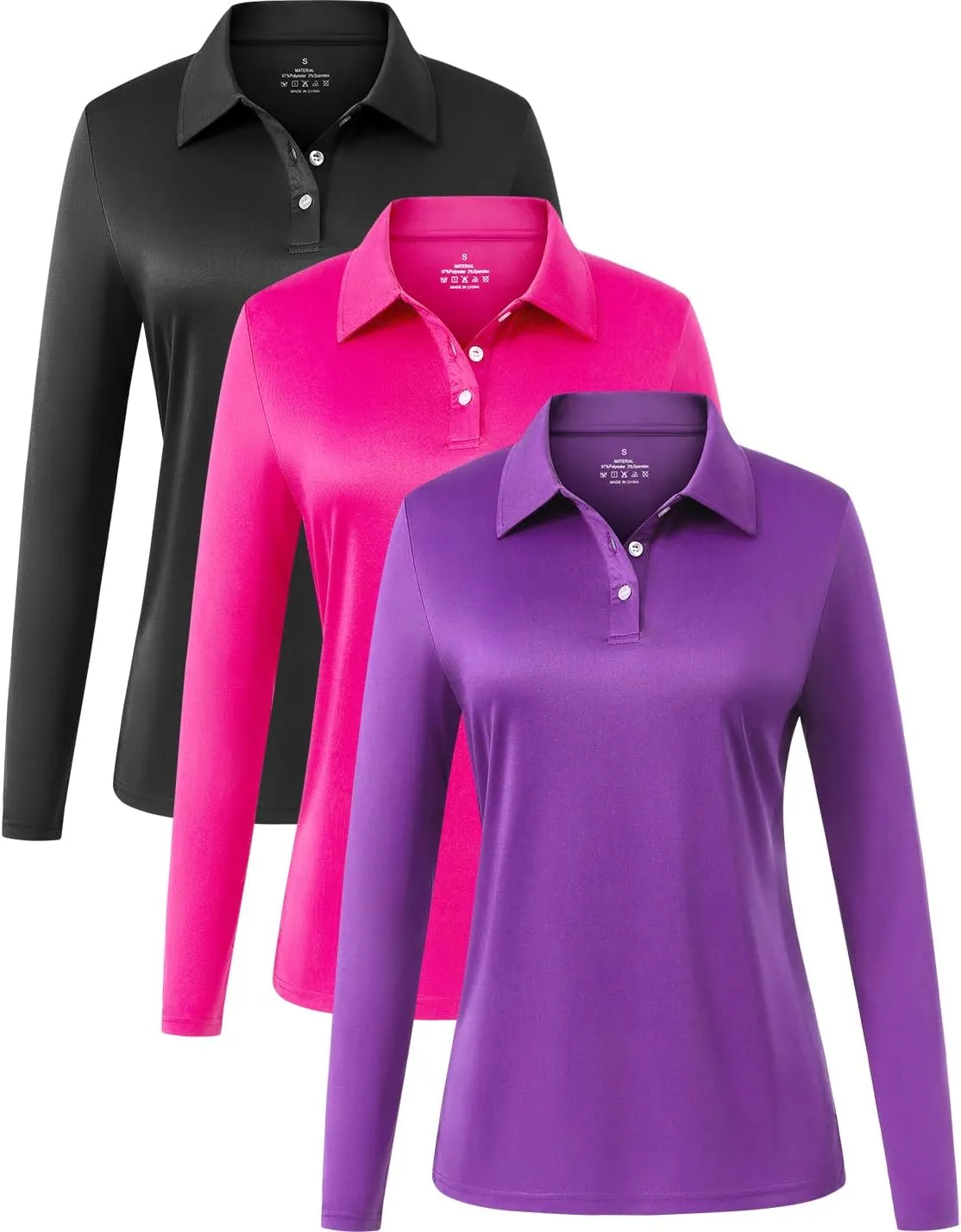 Star Vibe Long Sleeve Polo Shirts for Women Moisture Wicking Golf Shirt Quick Dry UPF 50  Sun Tennis Athletic Tops 3 Pack