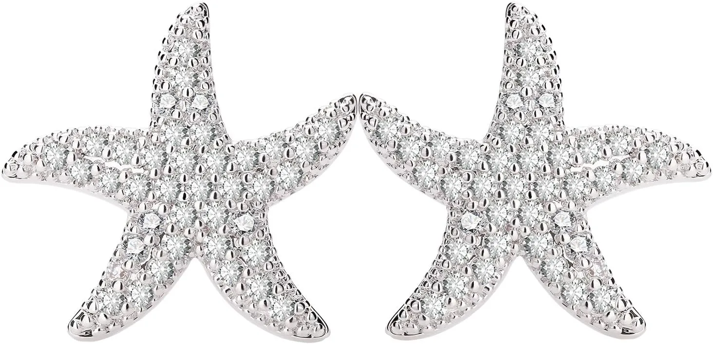 Starfish Stud Earrings for Women - CZ Paved Starfish Stud Earrings - Charm Starfish Earrings Plated in 14k Gold/White Gold