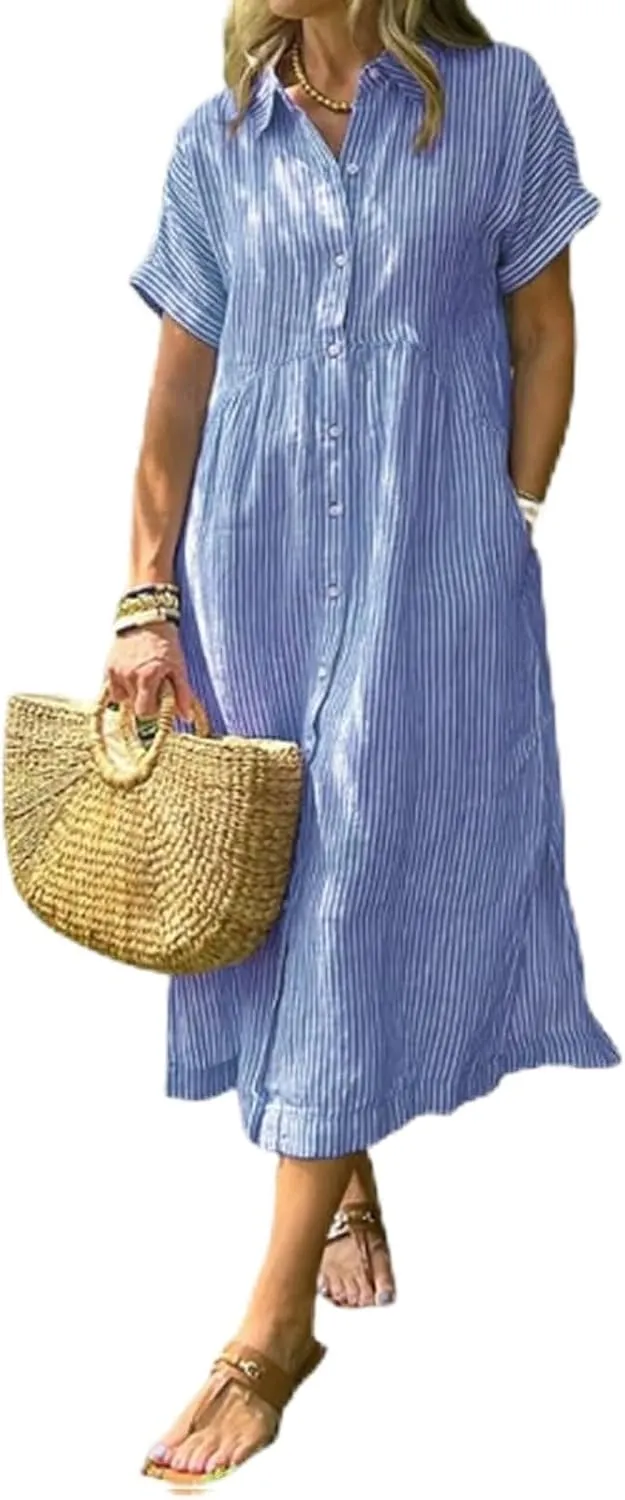 Striped Lapel Button Down Shirt Dress with Functional Pockets, Summer Casual Midi Short Sleeve Dresses Loose Beach Cover Up