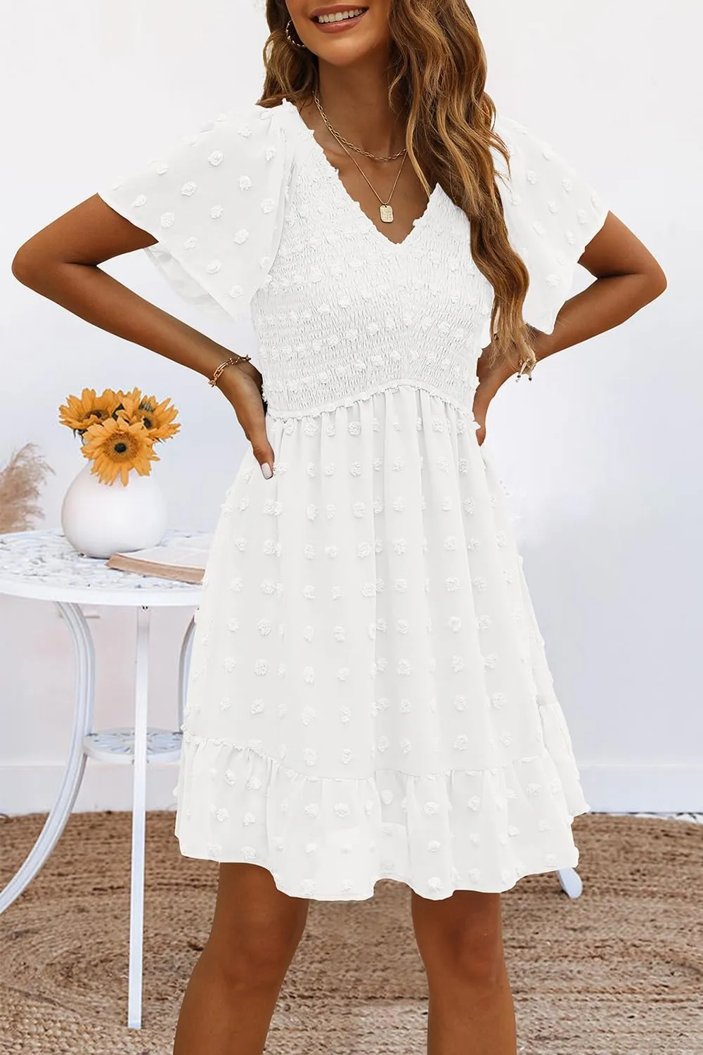 TECREW Womens Smocked Short Sleeve V Neck Mini Dress Summer Swiss Dot Flowy Short Dress