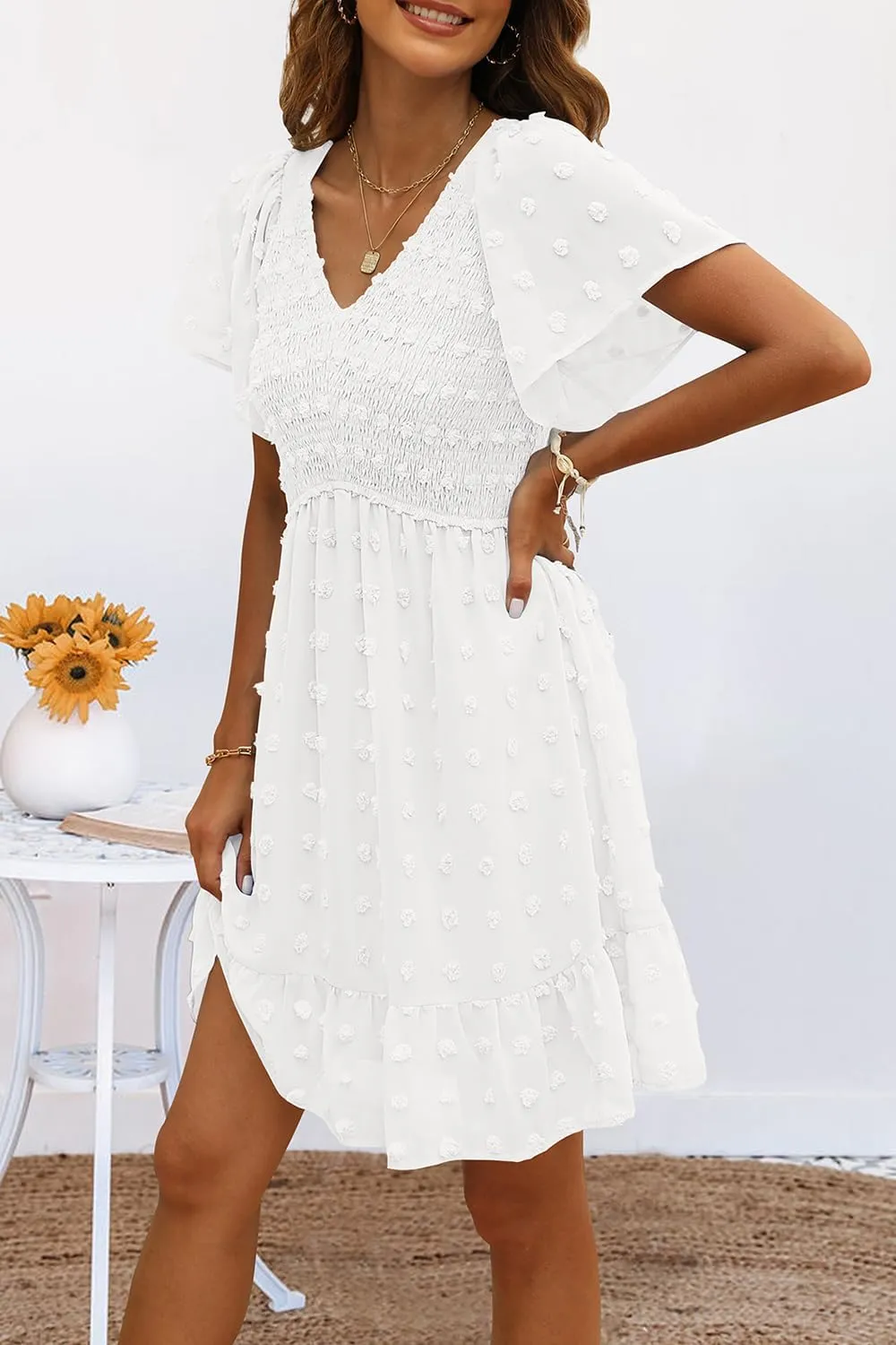 TECREW Womens Smocked Short Sleeve V Neck Mini Dress Summer Swiss Dot Flowy Short Dress