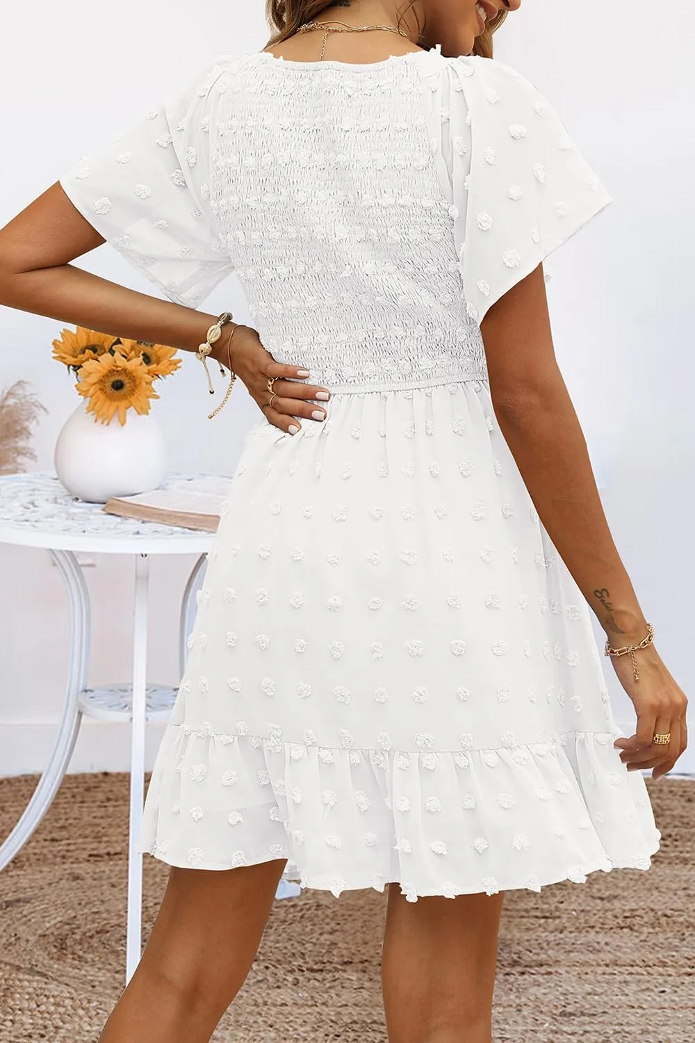 TECREW Womens Smocked Short Sleeve V Neck Mini Dress Summer Swiss Dot Flowy Short Dress