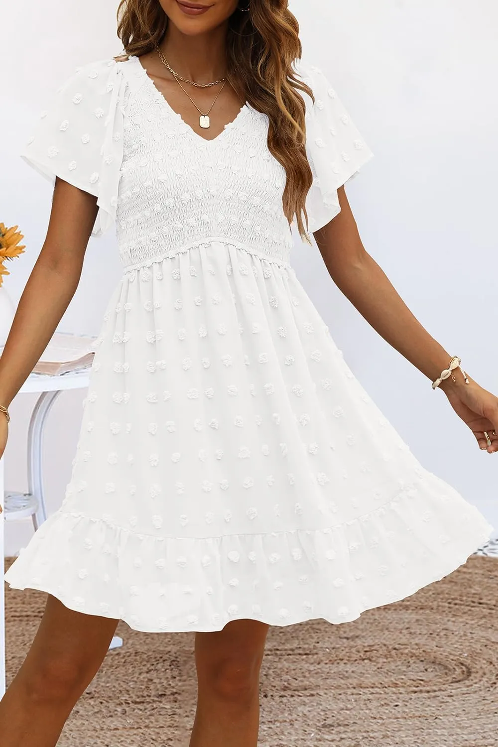 TECREW Womens Smocked Short Sleeve V Neck Mini Dress Summer Swiss Dot Flowy Short Dress