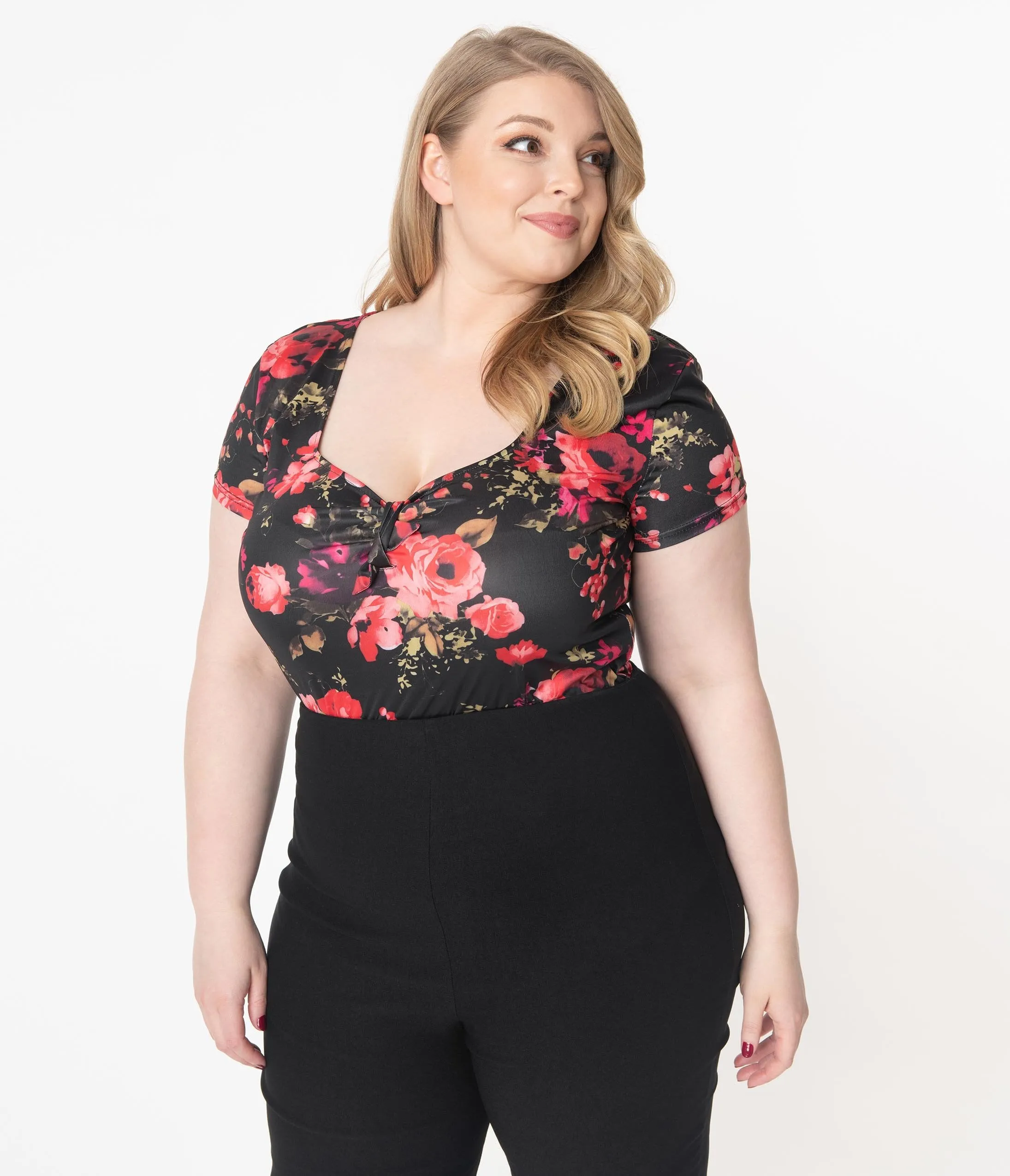 Unique Vintage Plus Size 1950s Black & Red Floral Sweetheart Rosemary Top