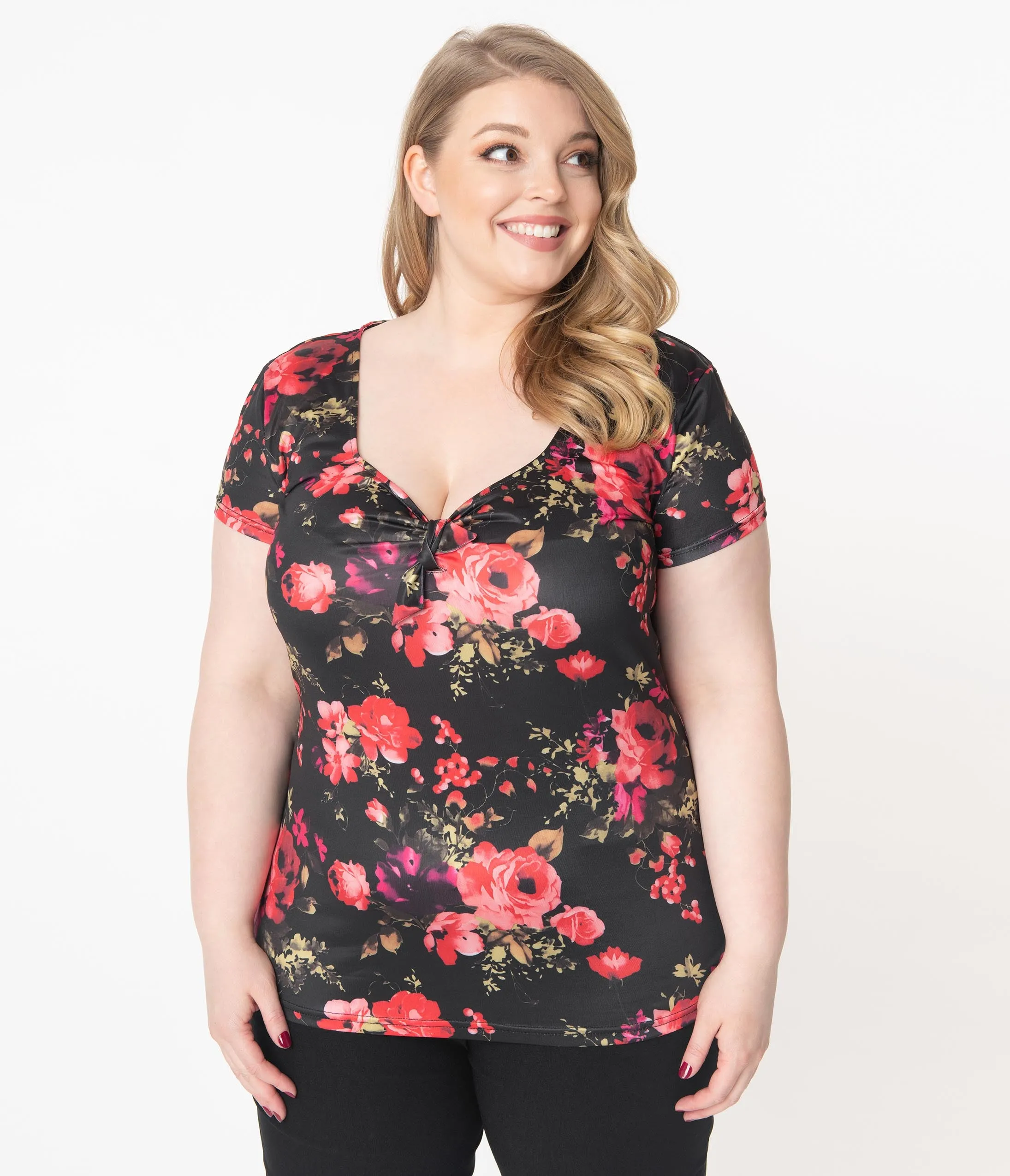Unique Vintage Plus Size 1950s Black & Red Floral Sweetheart Rosemary Top