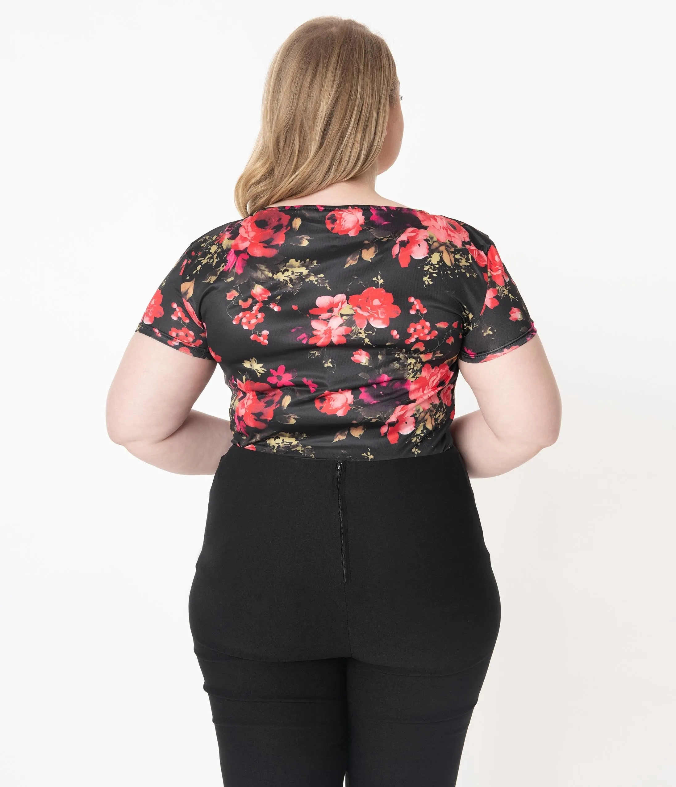 Unique Vintage Plus Size 1950s Black & Red Floral Sweetheart Rosemary Top