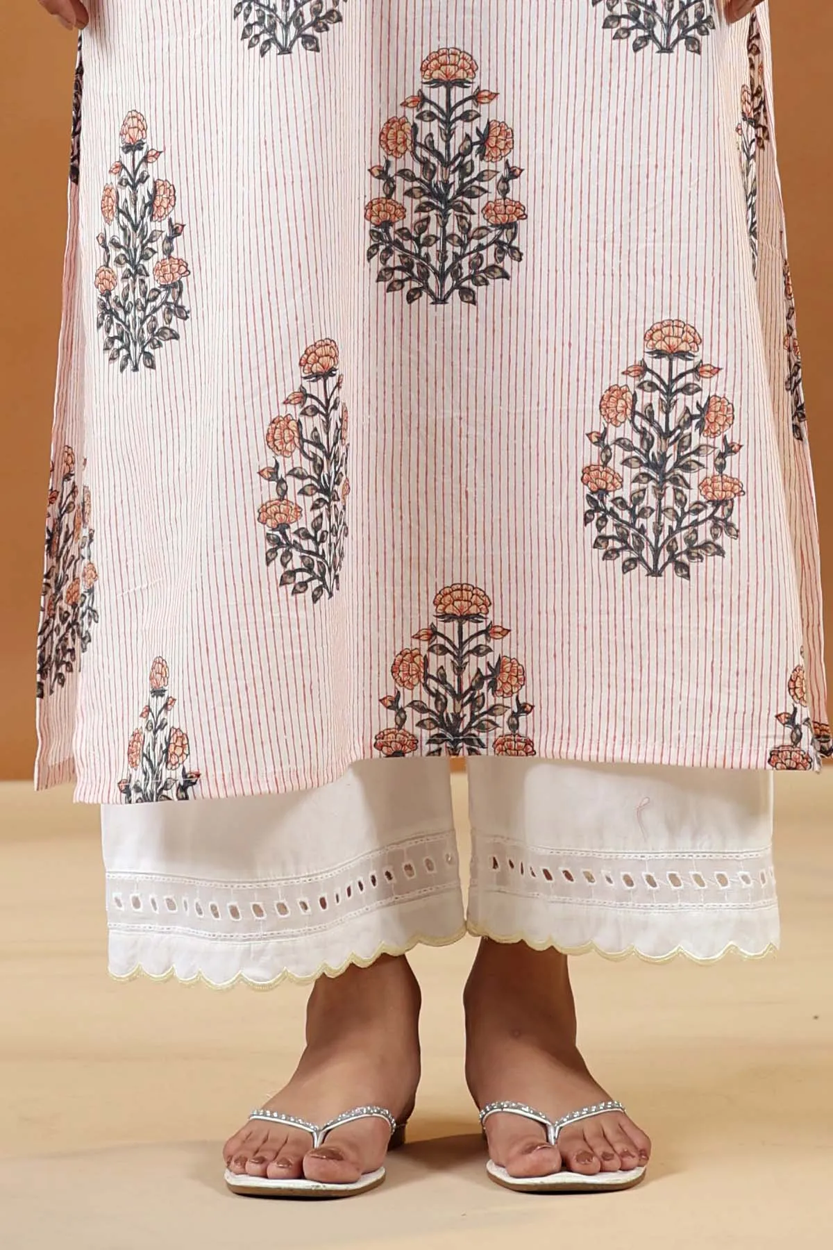 White Straight Pants with Lace Work