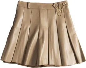 Women Playful College Style Japanese Golden Chain Short Blue White Lambskin Mini Pleated Skirt