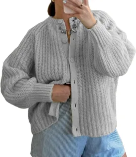 Women Y2K Chunky Open Front Sweater Long Sleeve Button Down Cropped Sweater Cardigan Fall Loose Casual Knit Outwear