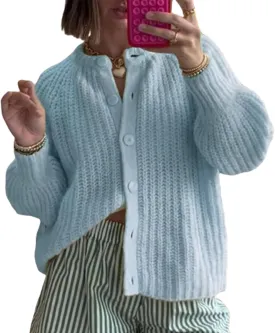 Women Y2K Chunky Open Front Sweater Long Sleeve Button Down Cropped Sweater Cardigan Fall Loose Casual Knit Outwear