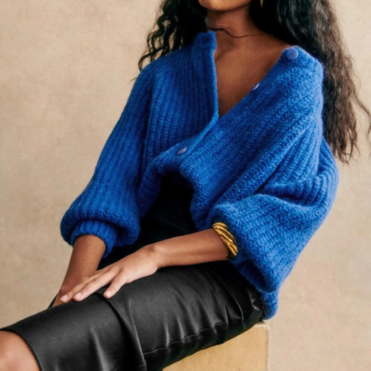 Women Y2K Chunky Open Front Sweater Long Sleeve Button Down Cropped Sweater Cardigan Fall Loose Casual Knit Outwear