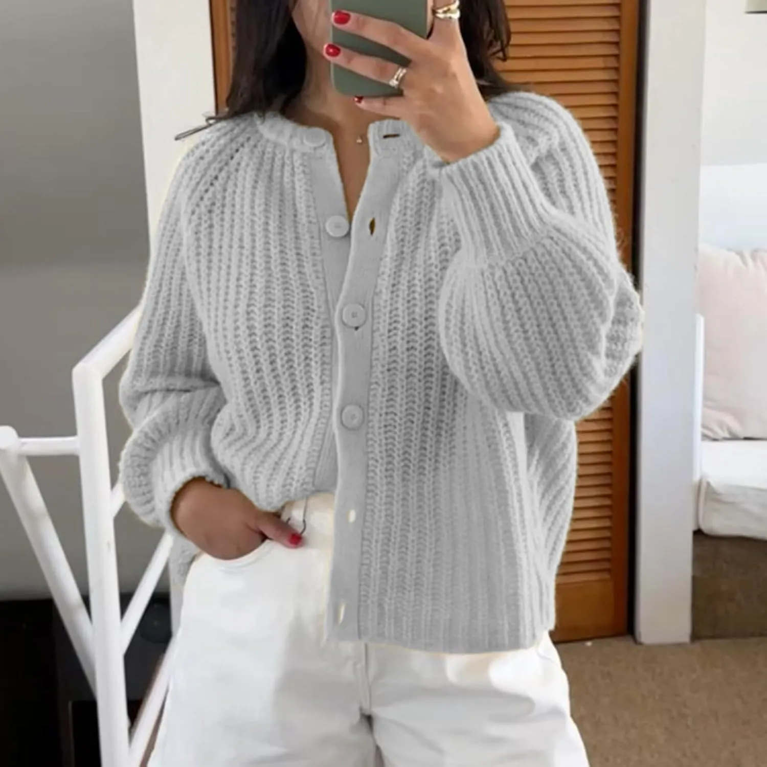 Women Y2K Chunky Open Front Sweater Long Sleeve Button Down Cropped Sweater Cardigan Fall Loose Casual Knit Outwear
