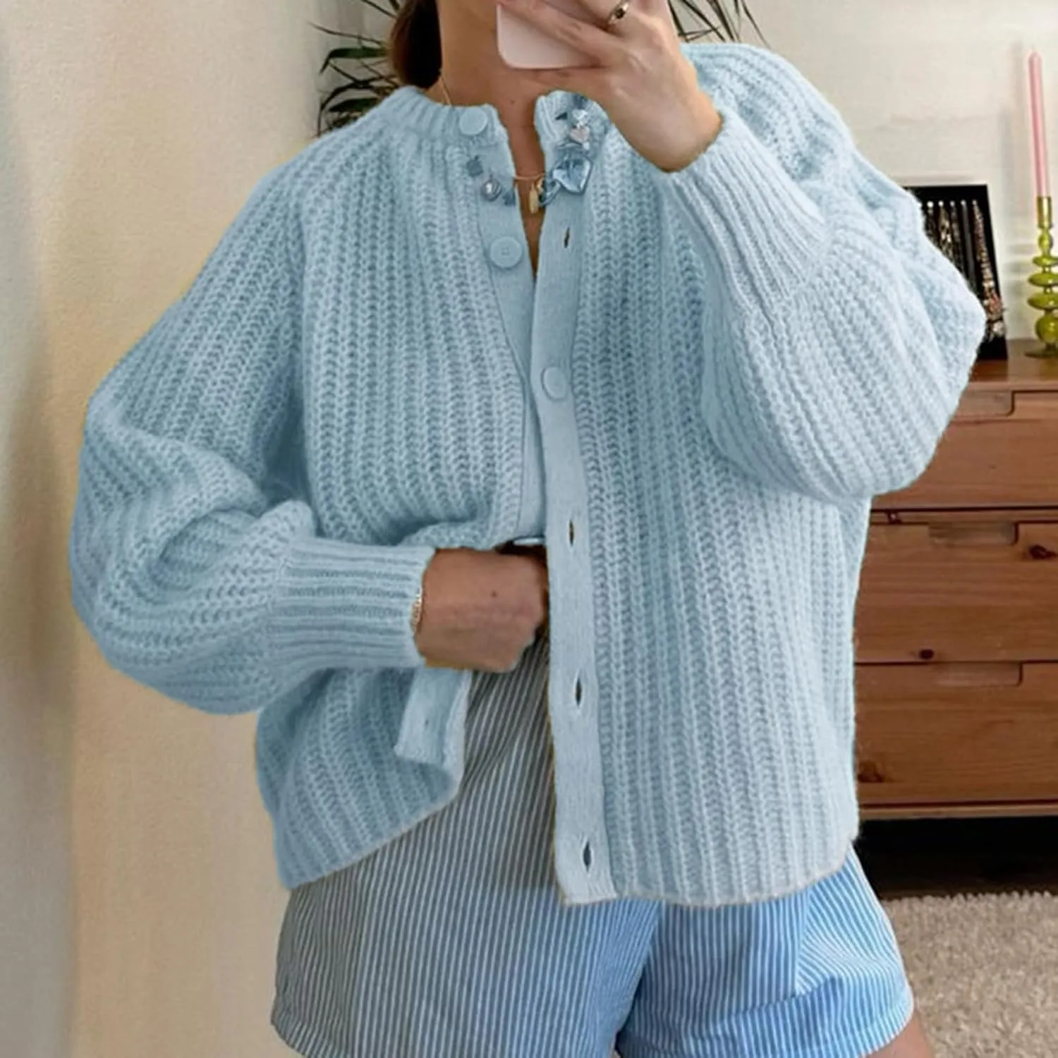 Women Y2K Chunky Open Front Sweater Long Sleeve Button Down Cropped Sweater Cardigan Fall Loose Casual Knit Outwear