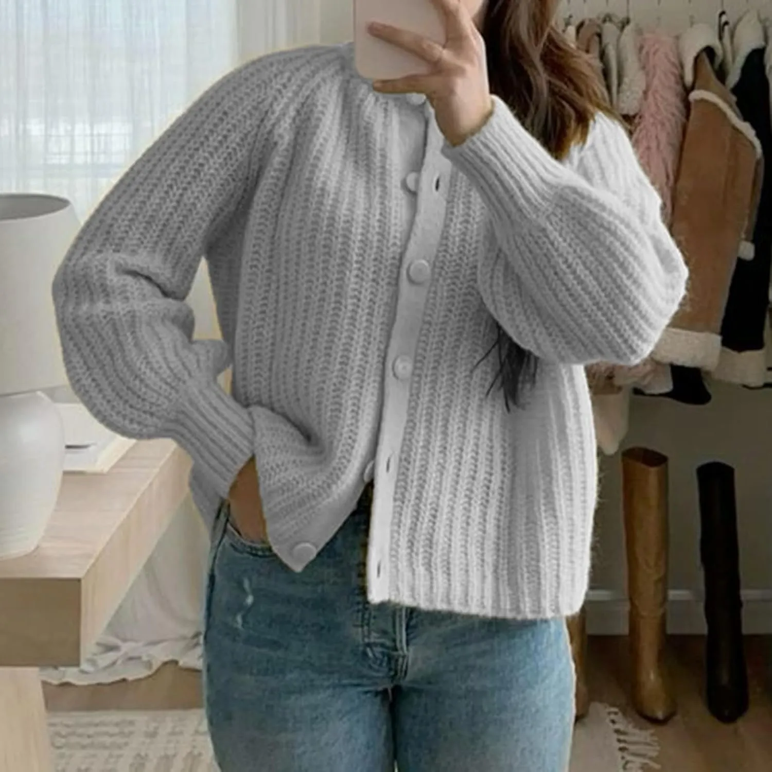 Women Y2K Chunky Open Front Sweater Long Sleeve Button Down Cropped Sweater Cardigan Fall Loose Casual Knit Outwear