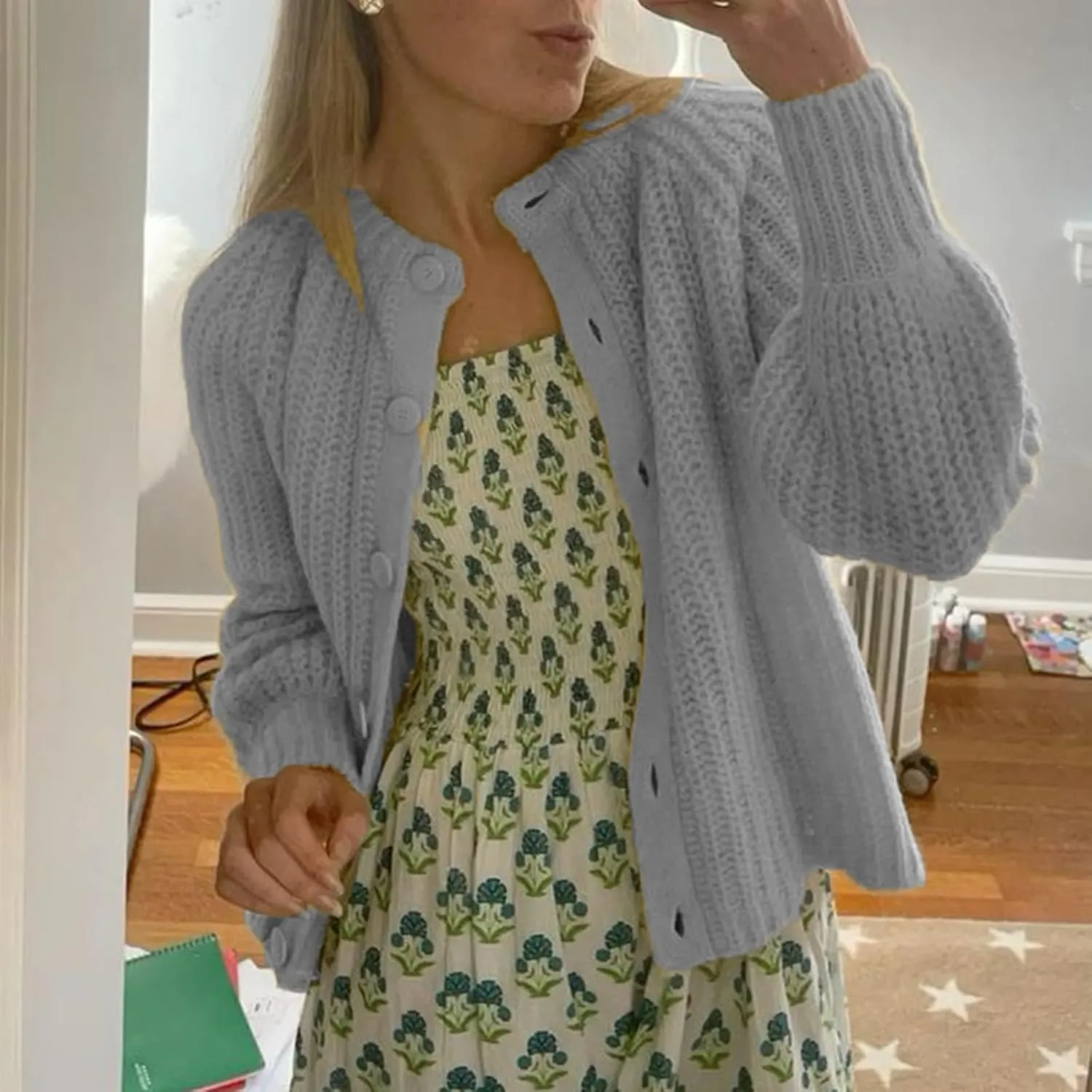 Women Y2K Chunky Open Front Sweater Long Sleeve Button Down Cropped Sweater Cardigan Fall Loose Casual Knit Outwear