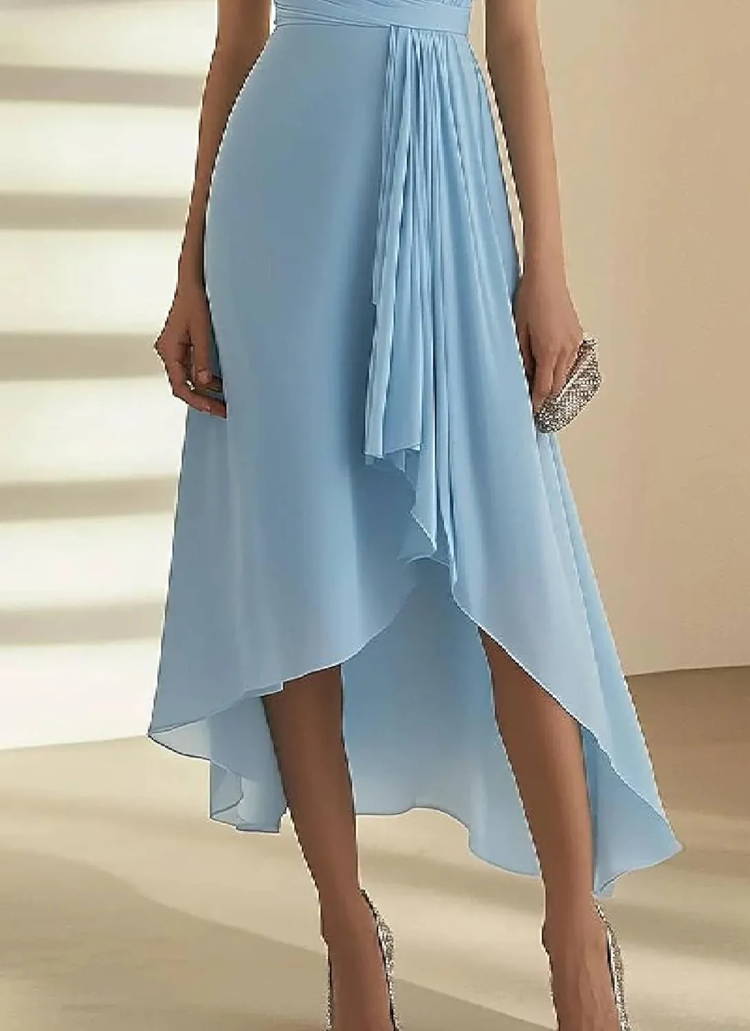 Women's Blue V-Neck Solid Midi Dress Slim Fit Short Sleeve Waist Cinching Pleated Elegant A-Line Flowy Summer Dress