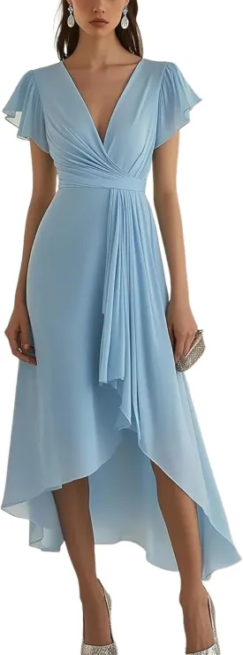 Women's Blue V-Neck Solid Midi Dress Slim Fit Short Sleeve Waist Cinching Pleated Elegant A-Line Flowy Summer Dress