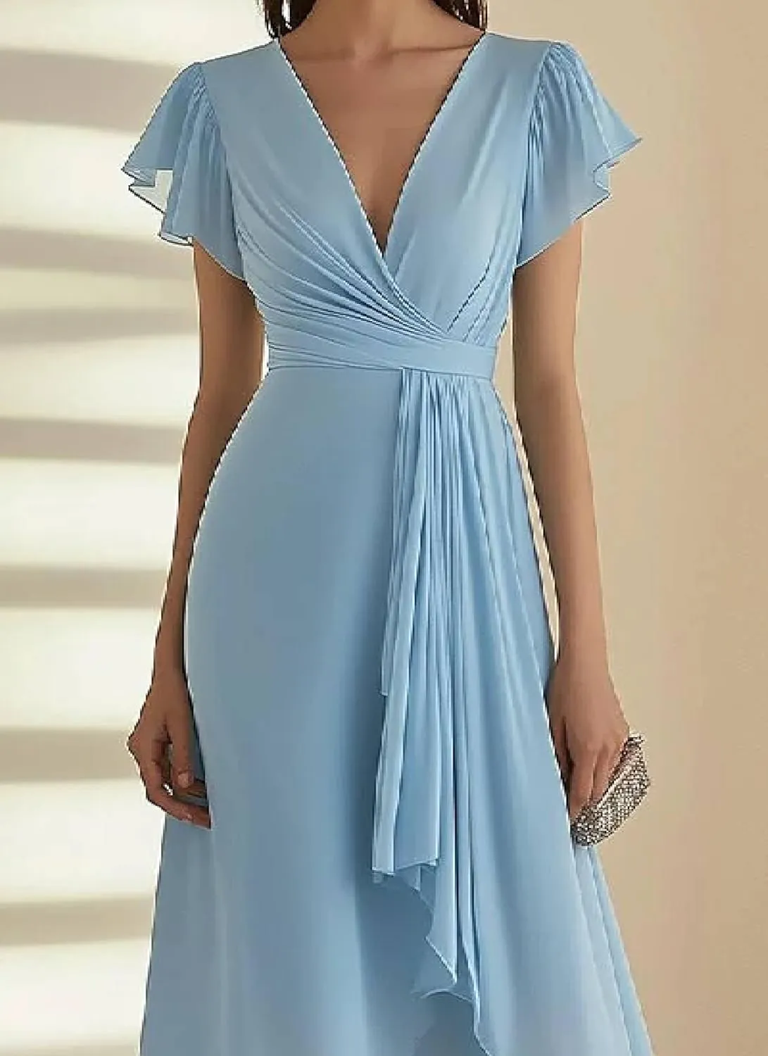 Women's Blue V-Neck Solid Midi Dress Slim Fit Short Sleeve Waist Cinching Pleated Elegant A-Line Flowy Summer Dress