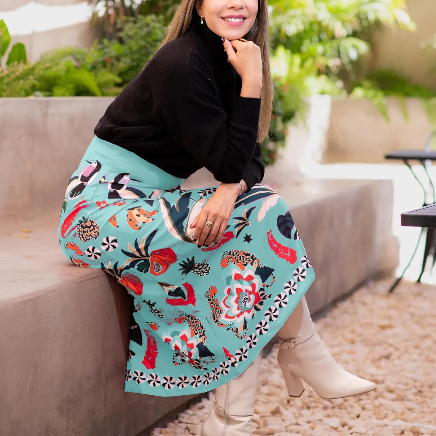 Women's Boho Rose Red Midi Skirt Fun Tropical Plant Print Flowy A Line Summer Skirt