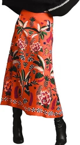 Women's Boho Rose Red Midi Skirt Fun Tropical Plant Print Flowy A Line Summer Skirt