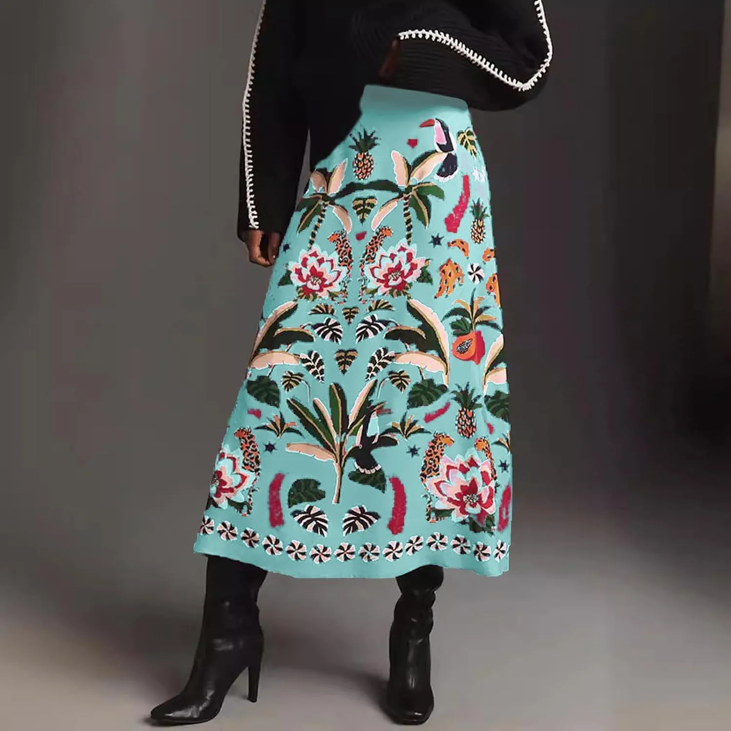 Women's Boho Rose Red Midi Skirt Fun Tropical Plant Print Flowy A Line Summer Skirt