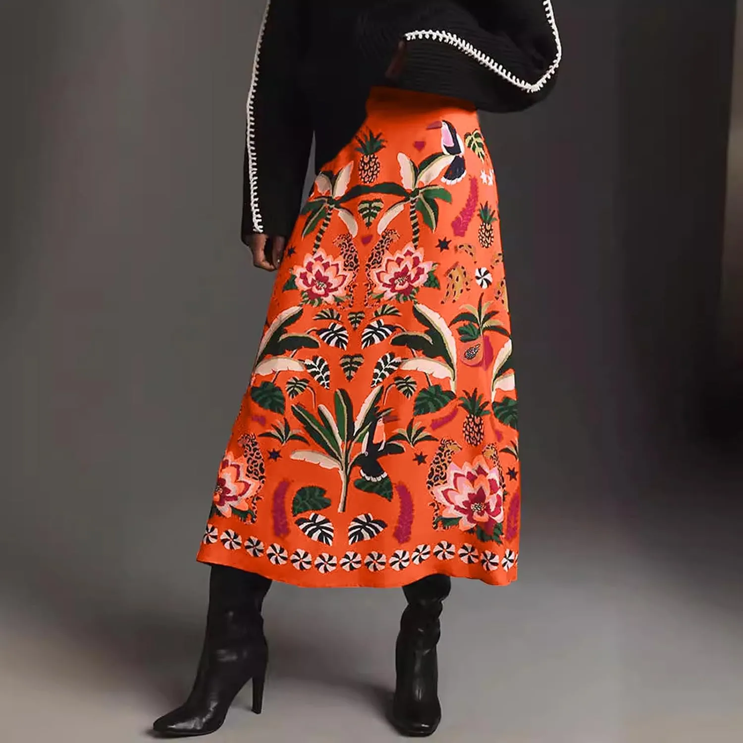 Women's Boho Rose Red Midi Skirt Fun Tropical Plant Print Flowy A Line Summer Skirt