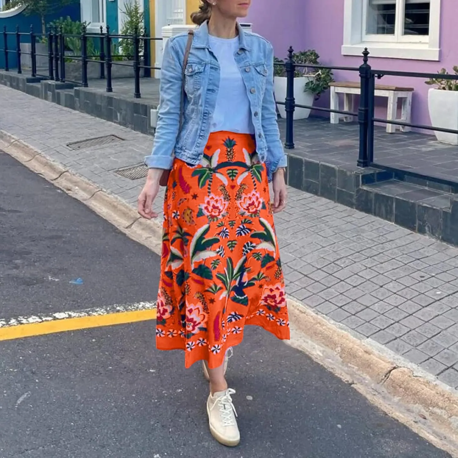 Women's Boho Rose Red Midi Skirt Fun Tropical Plant Print Flowy A Line Summer Skirt