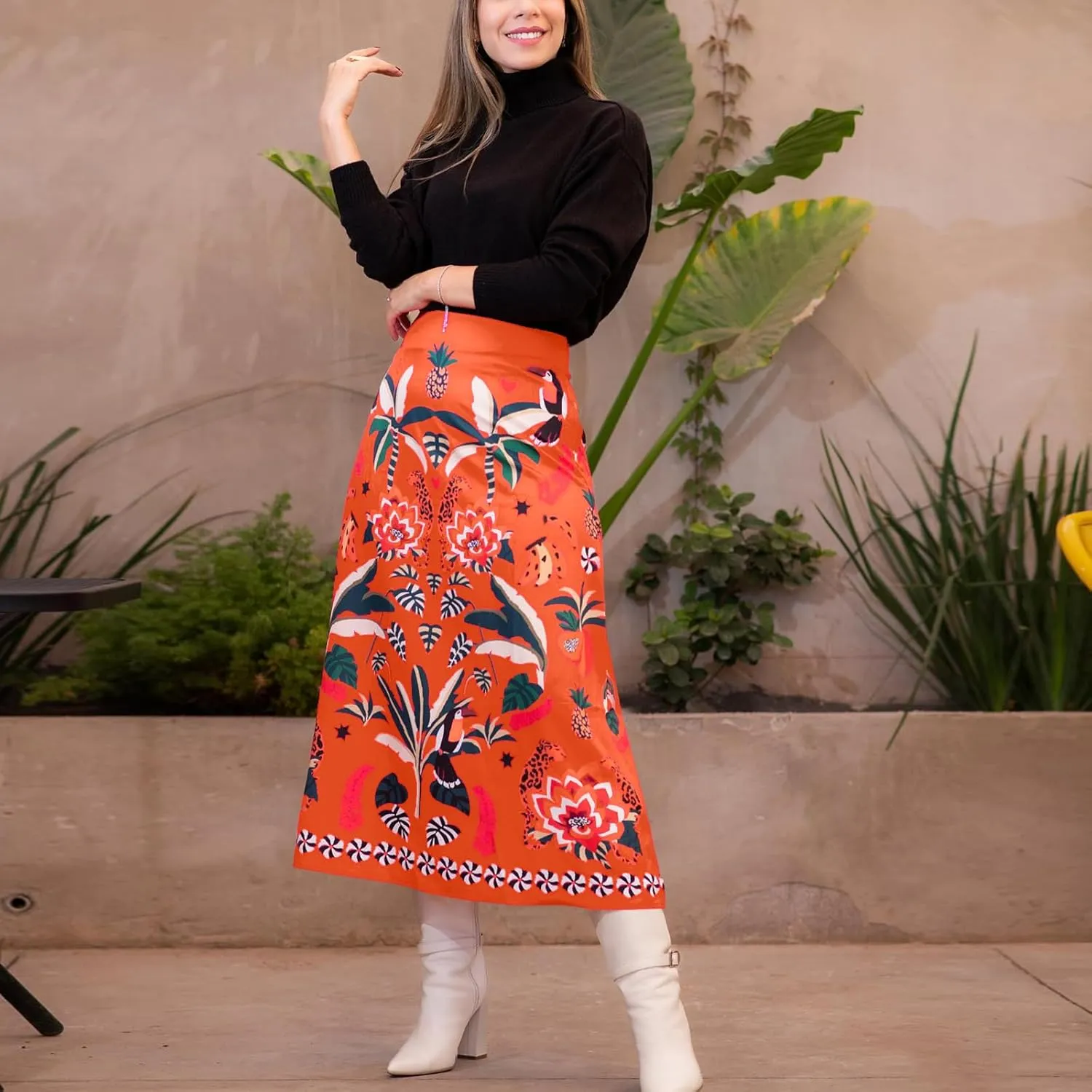 Women's Boho Rose Red Midi Skirt Fun Tropical Plant Print Flowy A Line Summer Skirt