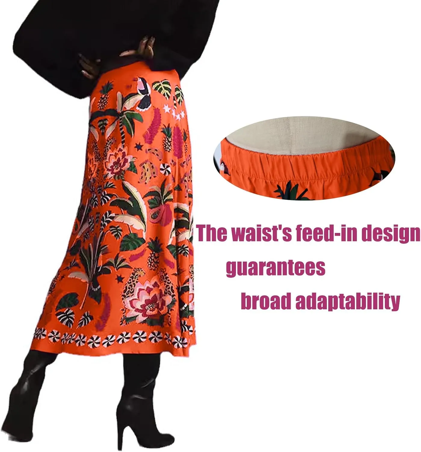 Women's Boho Rose Red Midi Skirt Fun Tropical Plant Print Flowy A Line Summer Skirt