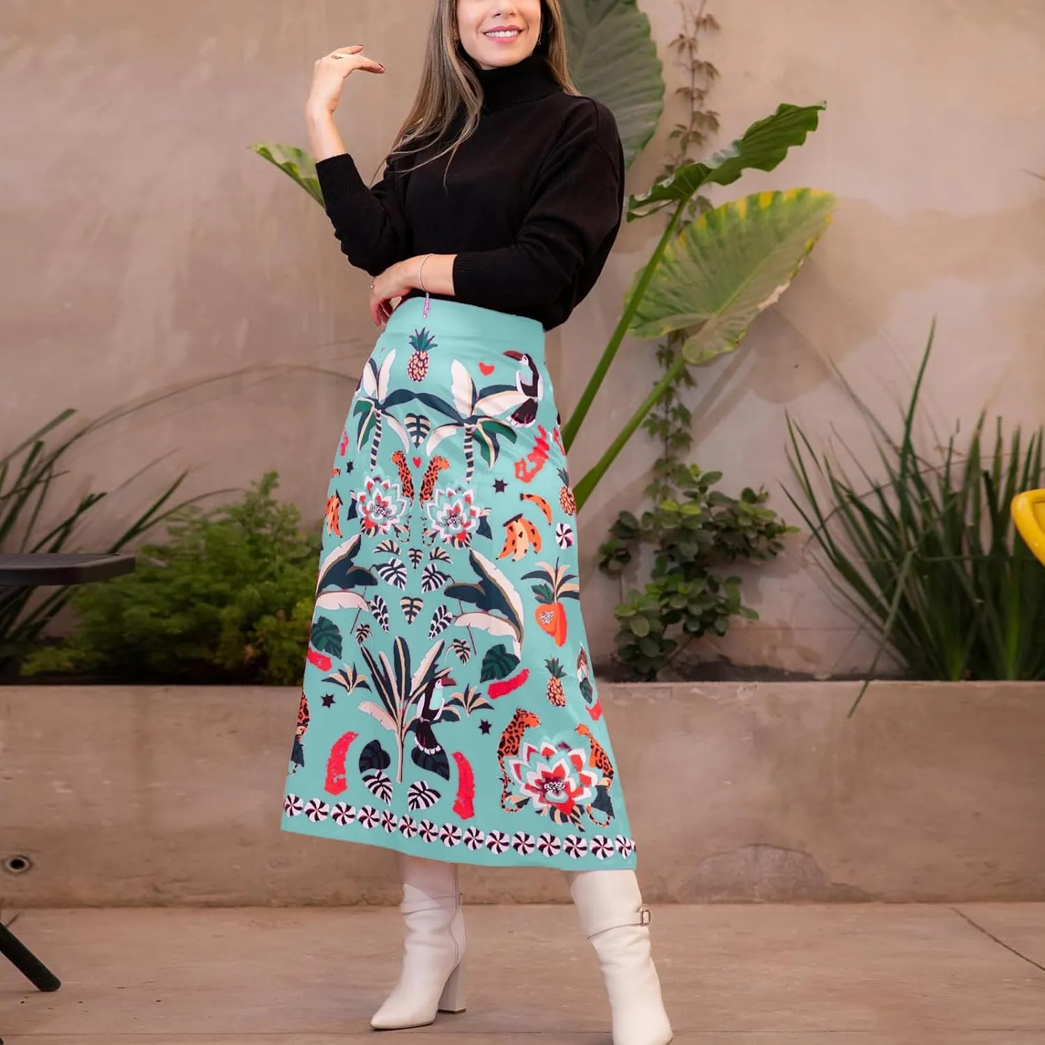 Women's Boho Rose Red Midi Skirt Fun Tropical Plant Print Flowy A Line Summer Skirt