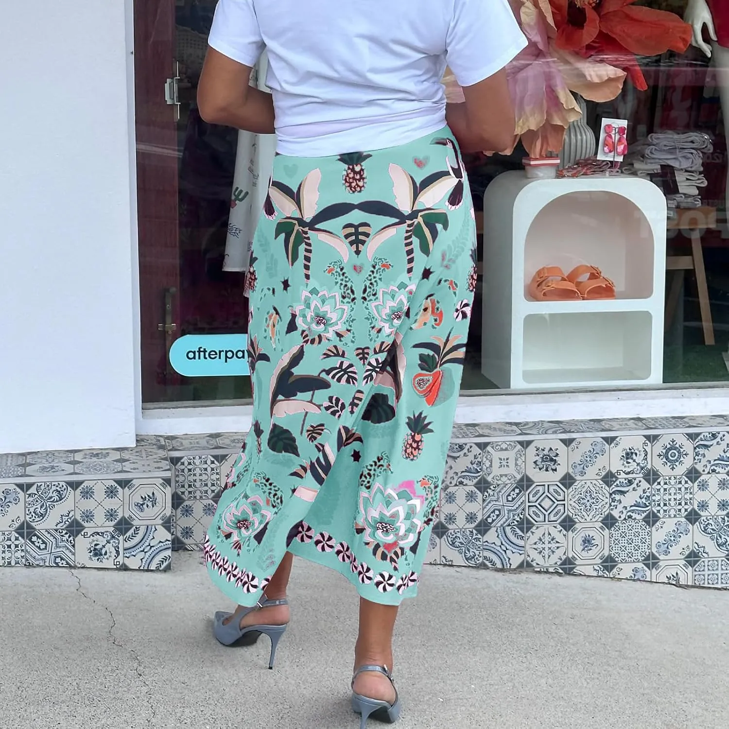 Women's Boho Rose Red Midi Skirt Fun Tropical Plant Print Flowy A Line Summer Skirt
