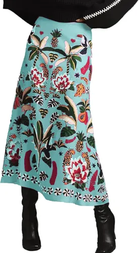 Women's Boho Rose Red Midi Skirt Fun Tropical Plant Print Flowy A Line Summer Skirt