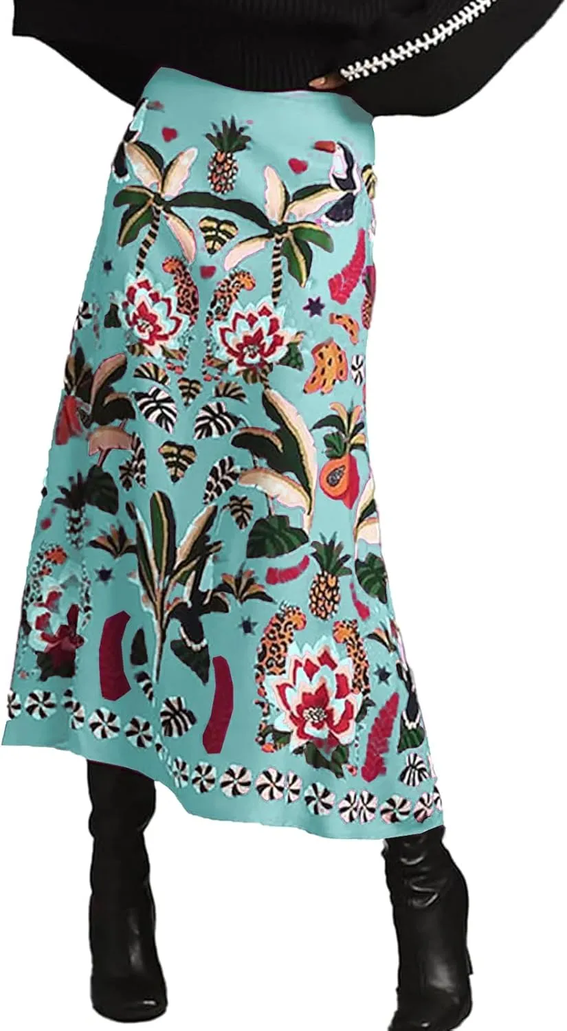 Women's Boho Rose Red Midi Skirt Fun Tropical Plant Print Flowy A Line Summer Skirt