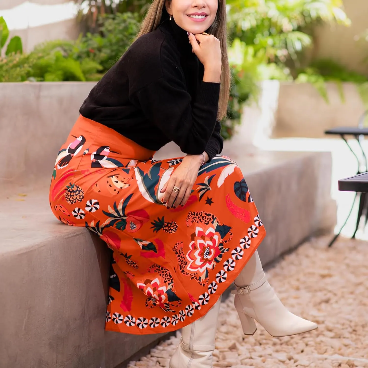 Women's Boho Rose Red Midi Skirt Fun Tropical Plant Print Flowy A Line Summer Skirt