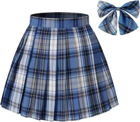 Women's Bule Plaid Pleated Skirt High Waisted Japanese JK School Uniform A-line Mini Skirt with Bow Ties Cosplay Costumes Blue