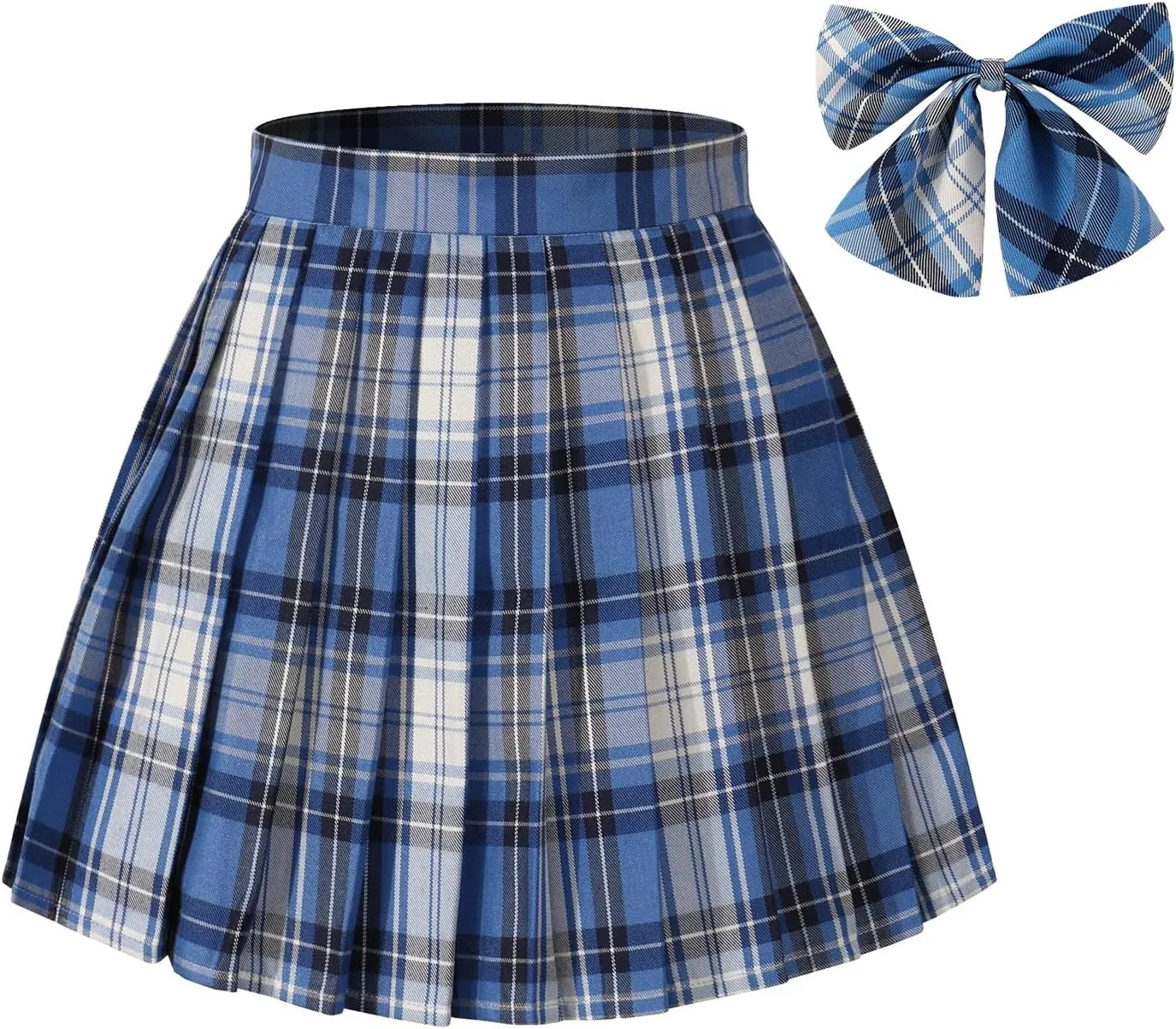 Women's Bule Plaid Pleated Skirt High Waisted Japanese JK School Uniform A-line Mini Skirt with Bow Ties Cosplay Costumes Blue