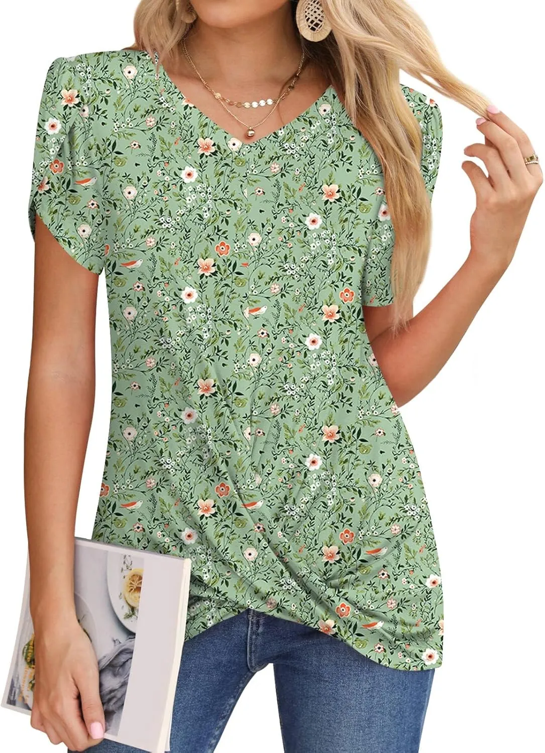 Womens Casual 2025 Tunic Summer Twist Front Tops Short Sleeve Blouse V-neck Loose Tshirt