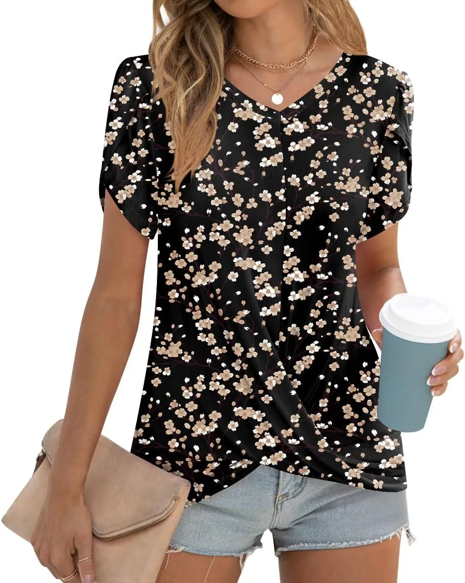 Womens Casual 2025 Tunic Summer Twist Front Tops Short Sleeve Blouse V-neck Loose Tshirt