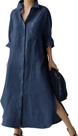 Women's Casual Long Sleeve Button Down Shirt Dress Loose Fit Cotton Side Slit Maxi Dress