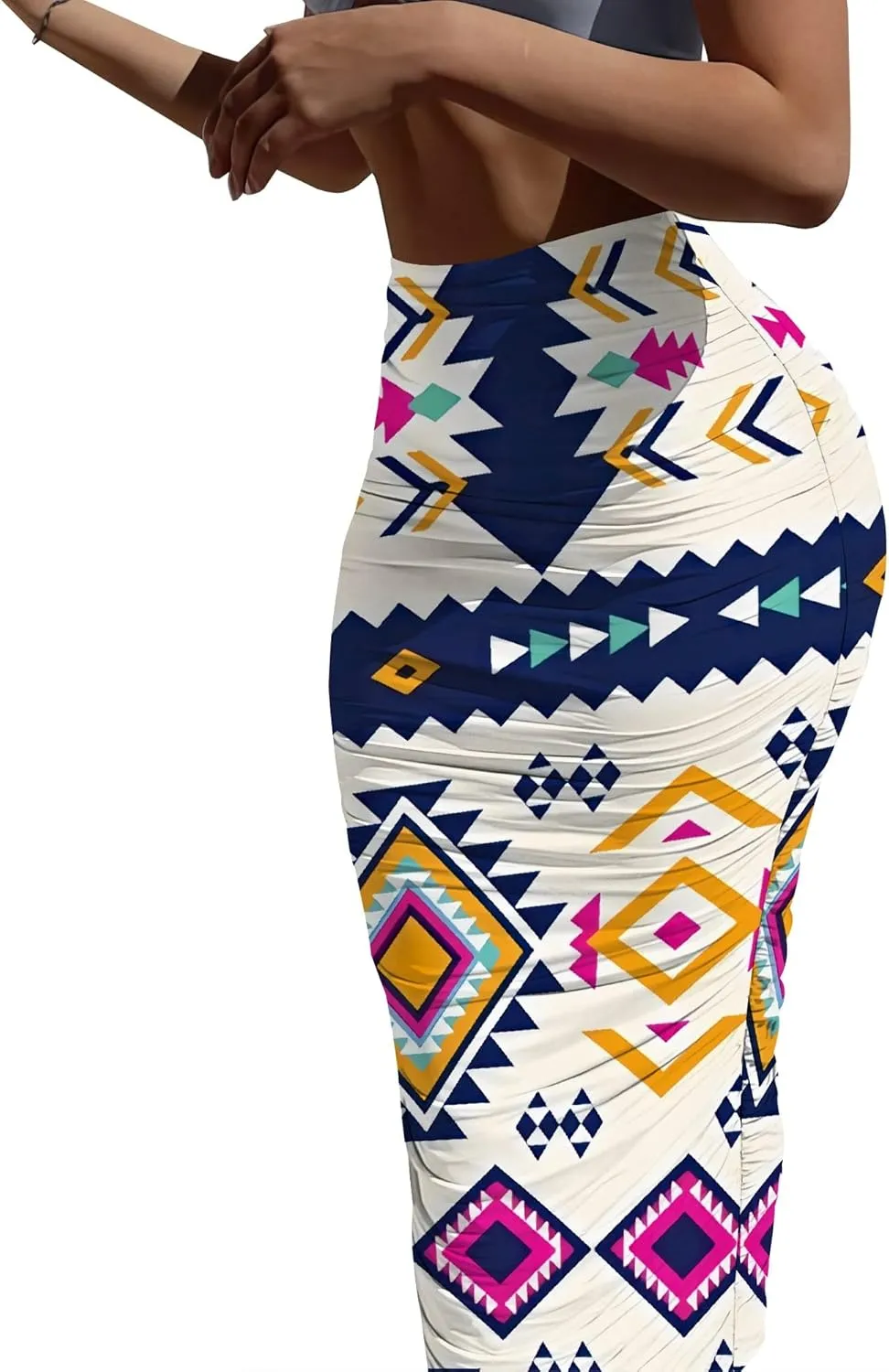 Women's Casual Ruched High Waist Bodycon Party Club Night Out Pencil Suit Skirt Elegant Stretchy Below Knee Work Skirt Dress