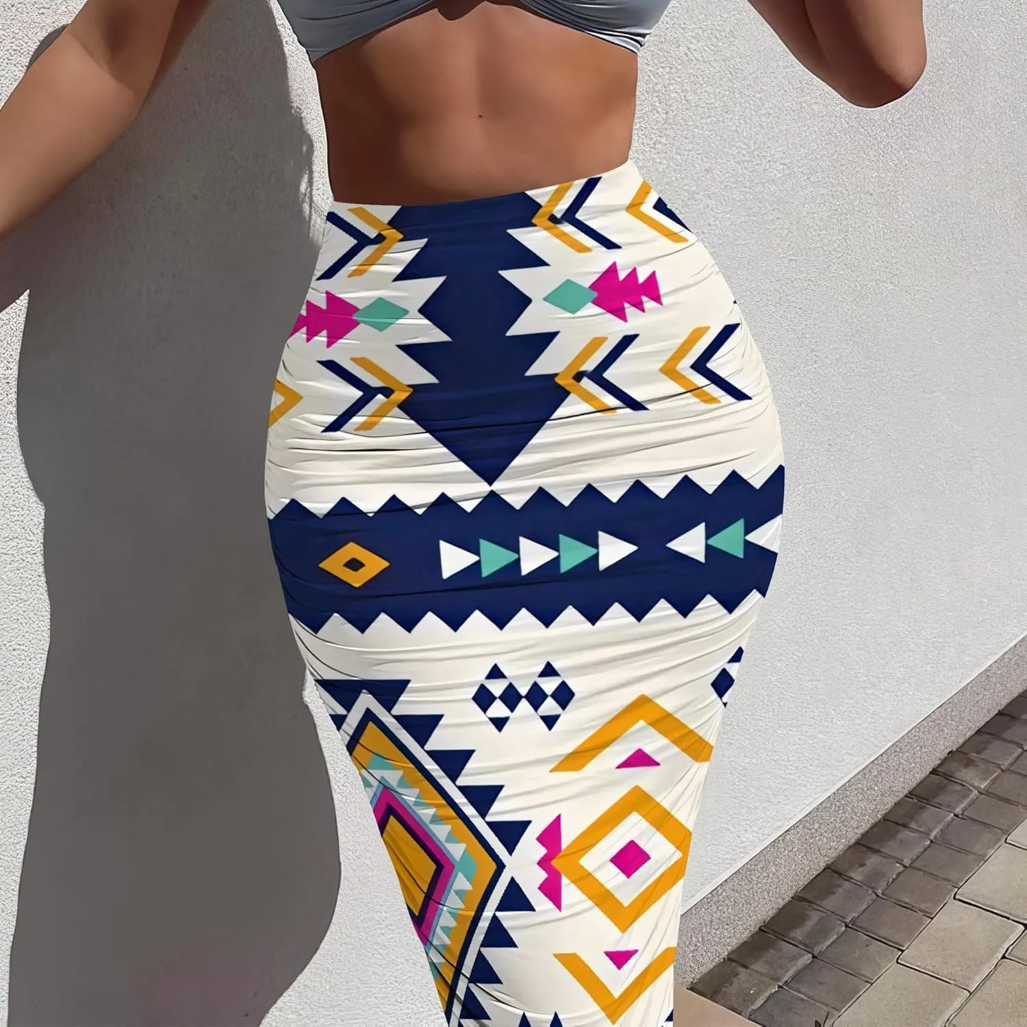 Women's Casual Ruched High Waist Bodycon Party Club Night Out Pencil Suit Skirt Elegant Stretchy Below Knee Work Skirt Dress