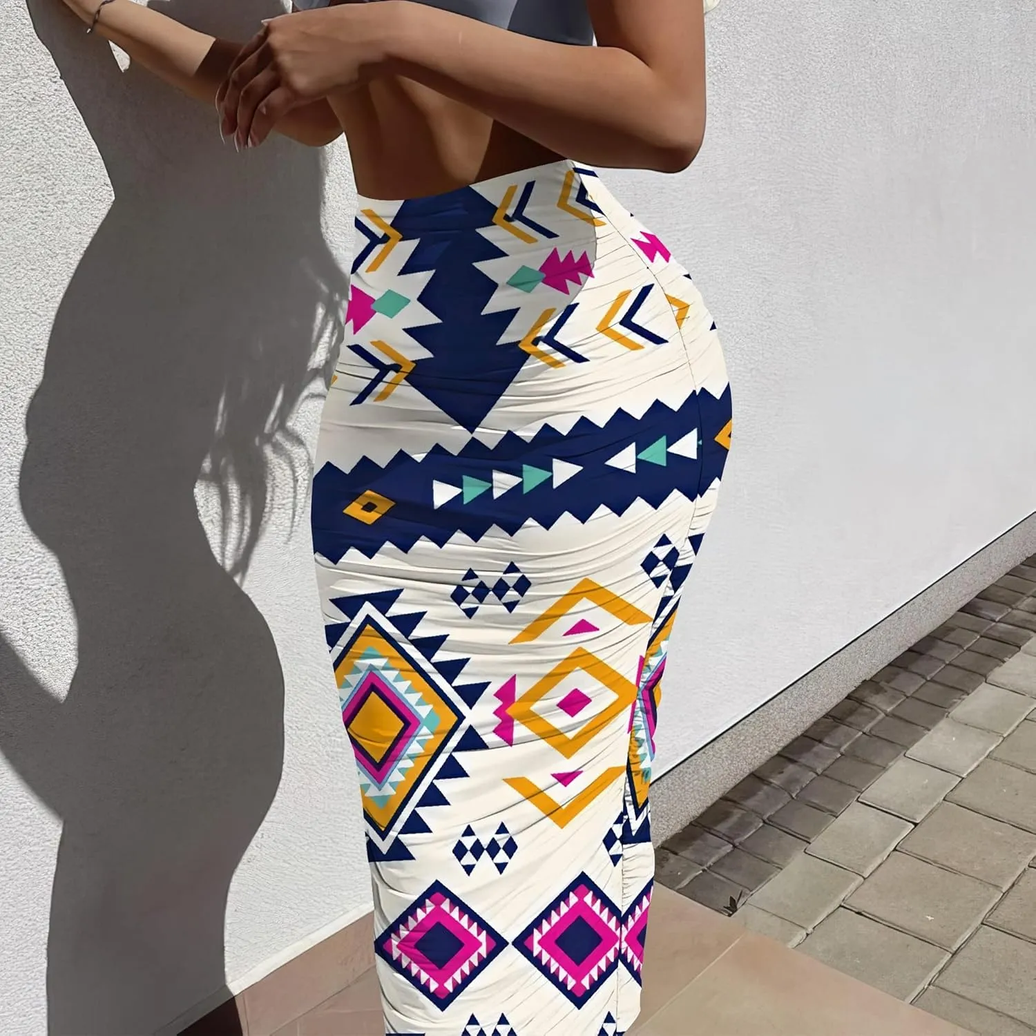 Women's Casual Ruched High Waist Bodycon Party Club Night Out Pencil Suit Skirt Elegant Stretchy Below Knee Work Skirt Dress