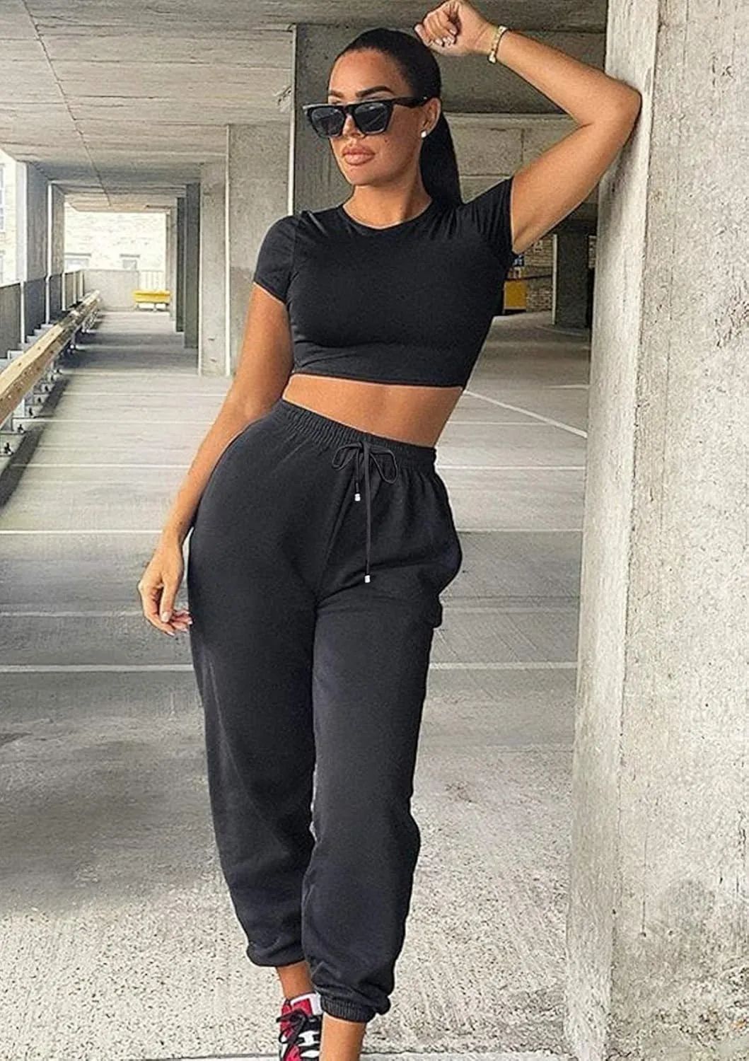 Womens Cinch Bottom Sweatpants Pockets High Waist Sporty Gym Athletic Fit Jogger Pants Lounge Trousers