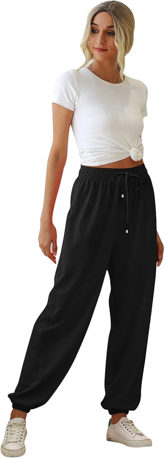 Womens Cinch Bottom Sweatpants Pockets High Waist Sporty Gym Athletic Fit Jogger Pants Lounge Trousers